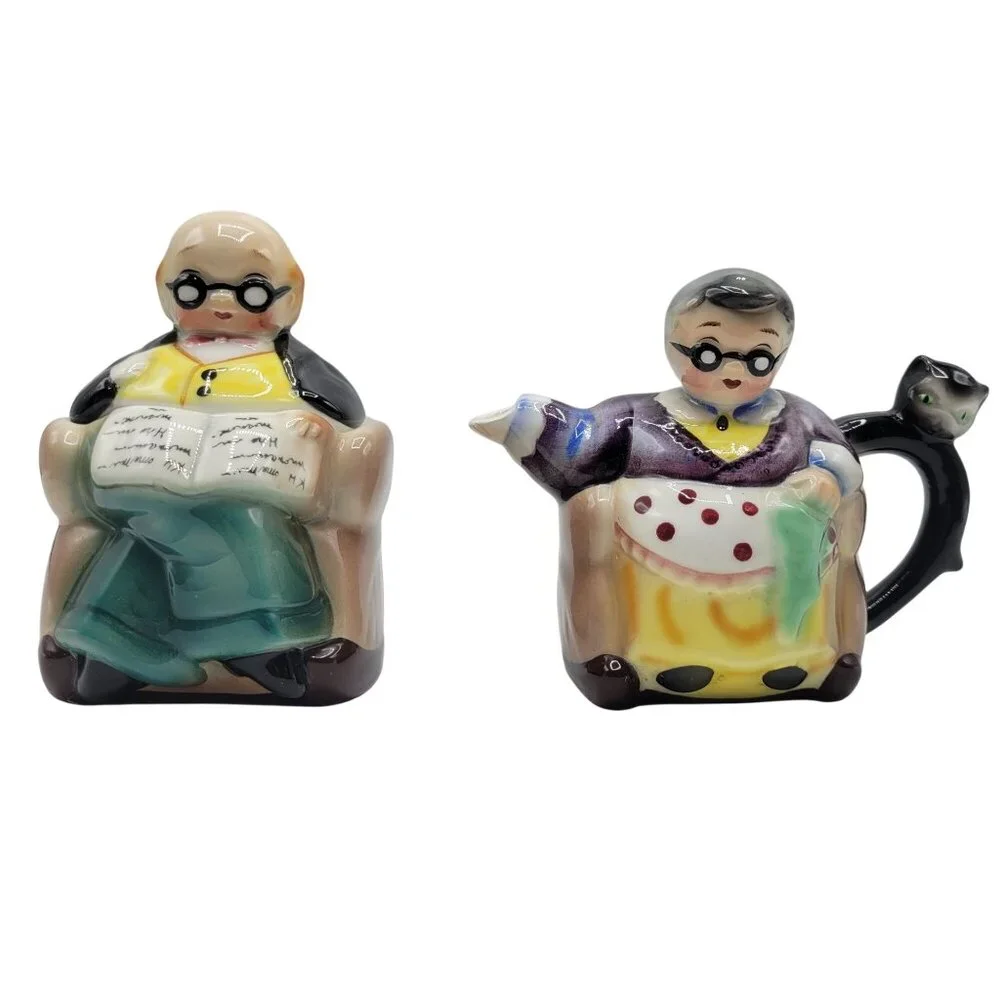Vintage Hand Painted Japan Grandparents Creamer & Sugar Bowl Set